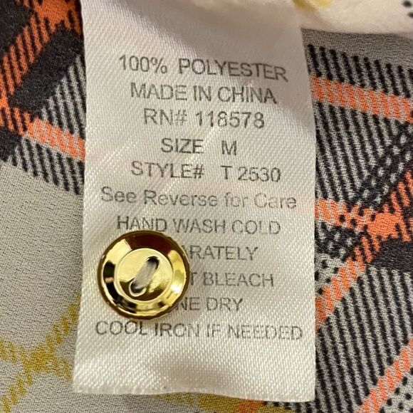 Penelope Long Sleeve Plaid Pattern Lightweight Blouse Cream Neon Coral Black Med - Picture 10 of 11